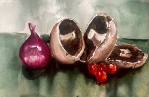 Still Life - Portobello Mushrooms, Onion and Tomatoes