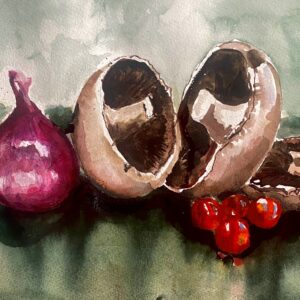 Still Life - Portobello Mushrooms, Onion and Tomatoes